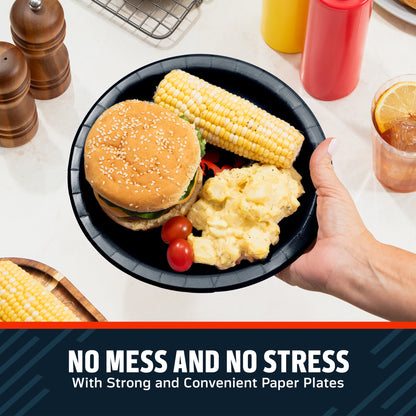 Hand holding a Chicago Bears plate filled with a hamburger, corn on the cob, and potato salad. Banner with "No Mess and No Stress" text along the bottom