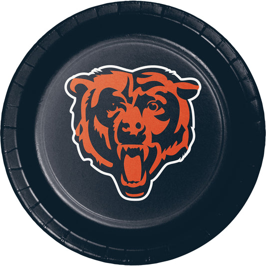 Dark blue paper plate with orange Chicago Bears head logo