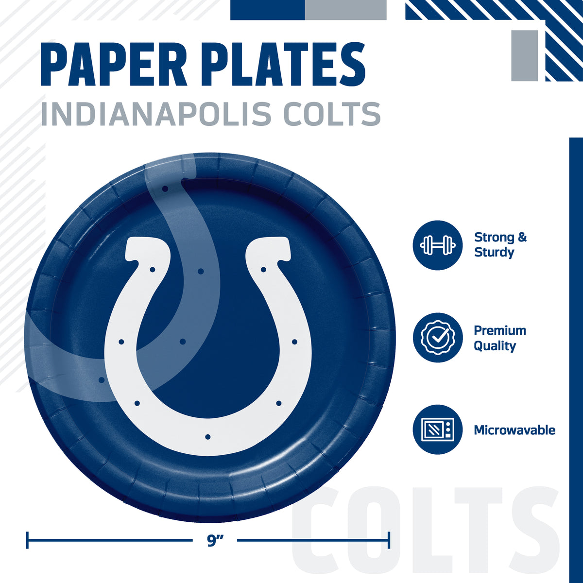 Indianapolis Colts themed paper plates, featuring a 9-inch round plate with a blue center and a white horseshoe logo in the center and another horseshoe image offset behind the first image. The image includes product specifications and feature icons on a white background.