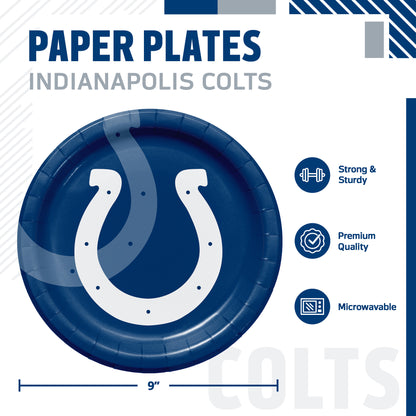 Indianapolis Colts themed paper plates, featuring a 9-inch round plate with a blue center and a white horseshoe logo in the center and another horseshoe image offset behind the first image. The image includes product specifications and feature icons on a white background.