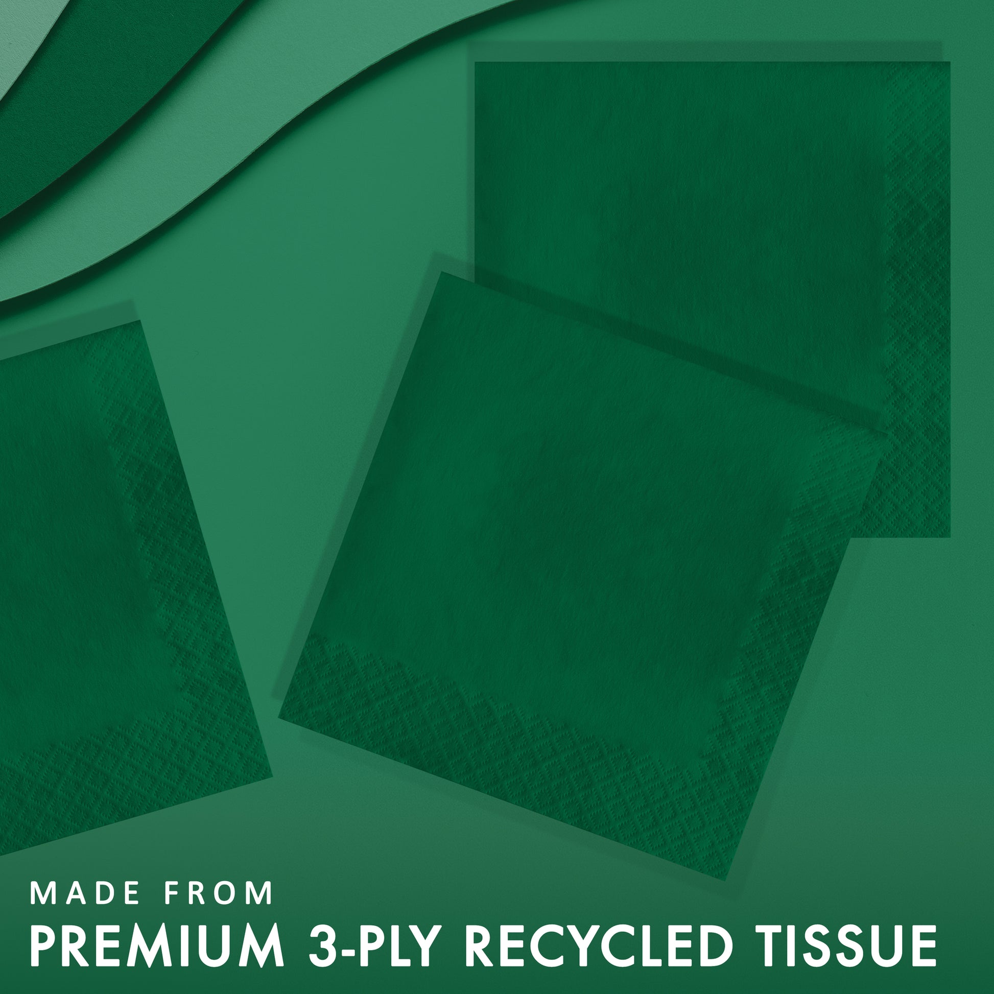 Hunter green dinner napkins on a light green background with 'Made from premium 3-ply recycled tissue' text