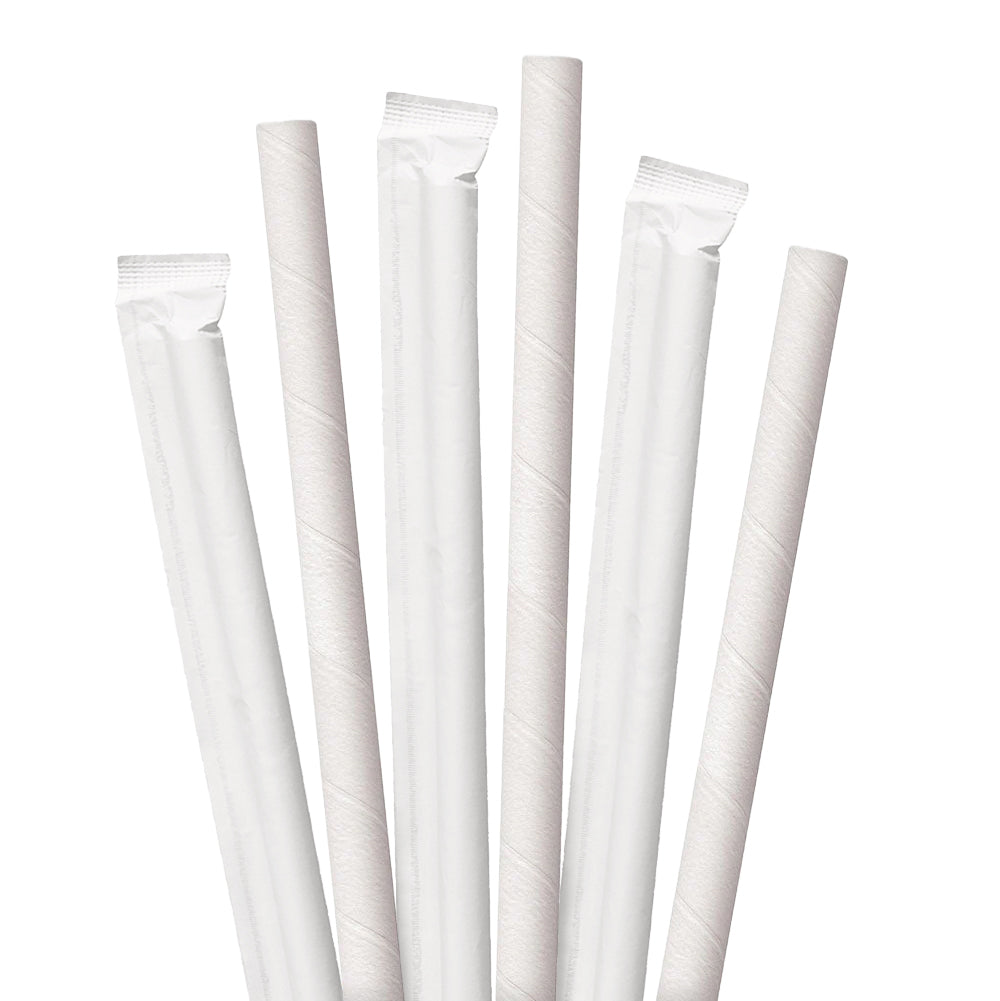 8.5" Wrapped White Colossal Paper Straws - 1200 ct. Set of white wrapped paper straws on a white background