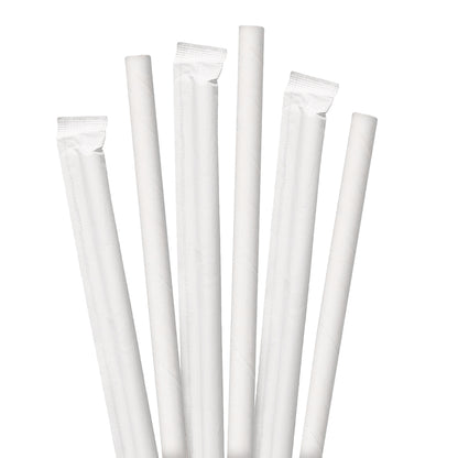 7.75" Wrapped White Jumbo Paper Straws - 3200 ct. Set of white straws on a white background