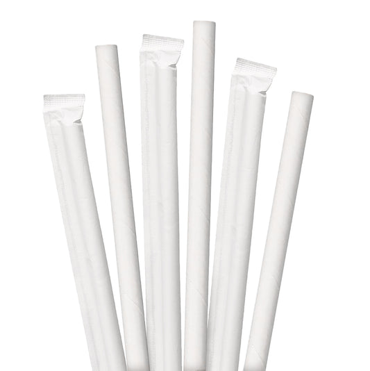 7.75" Wrapped White Giant Paper Straws - 2400 ct. Set of white paper straws on a white background