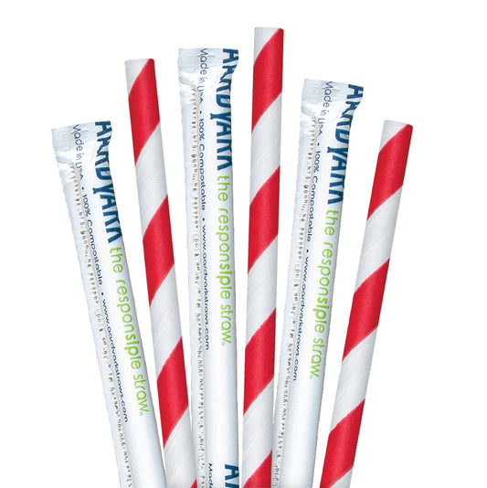 8.5" Wrapped Red Striped Colossal Paper Straws - 960 ct. Red and white striped straws with 'Aardvark' packaging on a white background