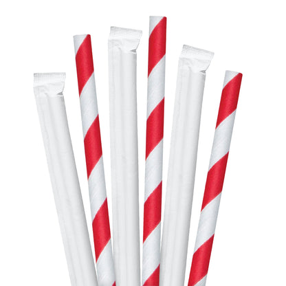 8.5" Wrapped Red Striped Colossal Paper Straws - 1200 ct. Red and white striped paper straws on a white background