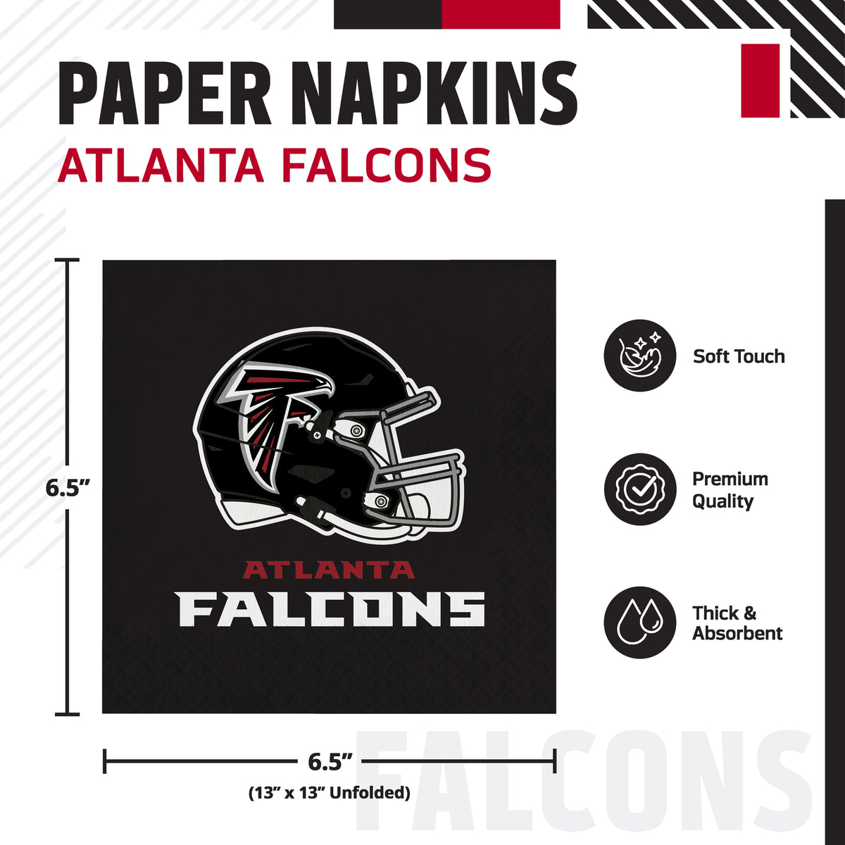 Atlanta Falcons themed paper napkins shown with product dimensions and feature icons. The napkin is black with the Atlanta Falcons helmet logo and team name in white and red. Dimensions shown.
