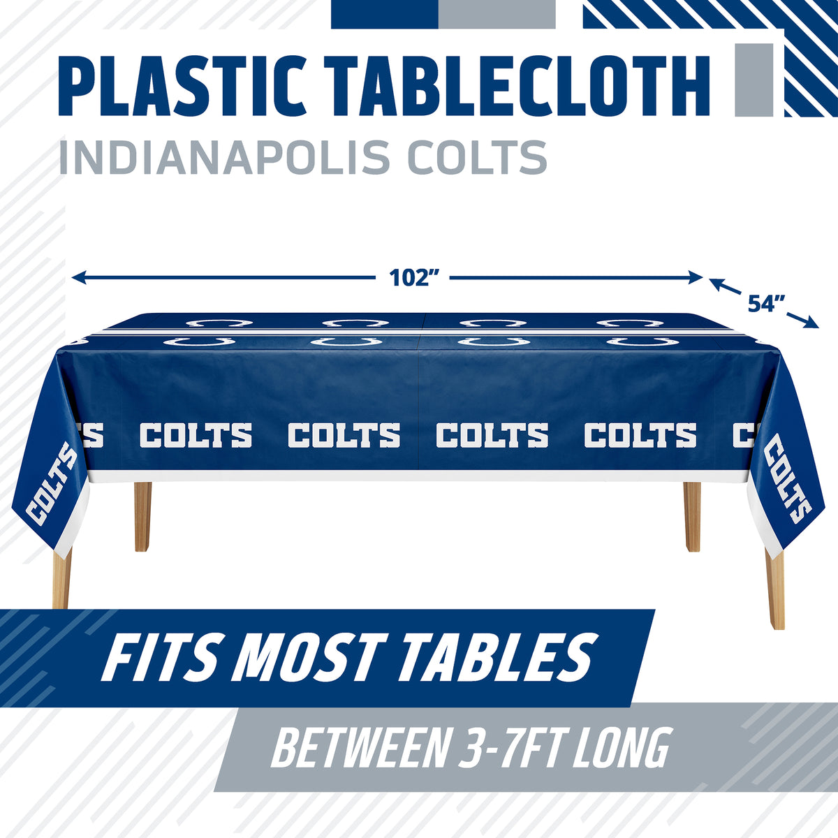 Blue and white Indianapolis Colts plastic tablecloth shown draped over a table, with dimension arrows indicating 102 by 54 inches. Text at top reads 'PLASTIC TABLECLOTH INDIANAPOLIS COLTS' and a banner at the bottom says 'FITS MOST TABLES BETWEEN 3-7FT LONG'.