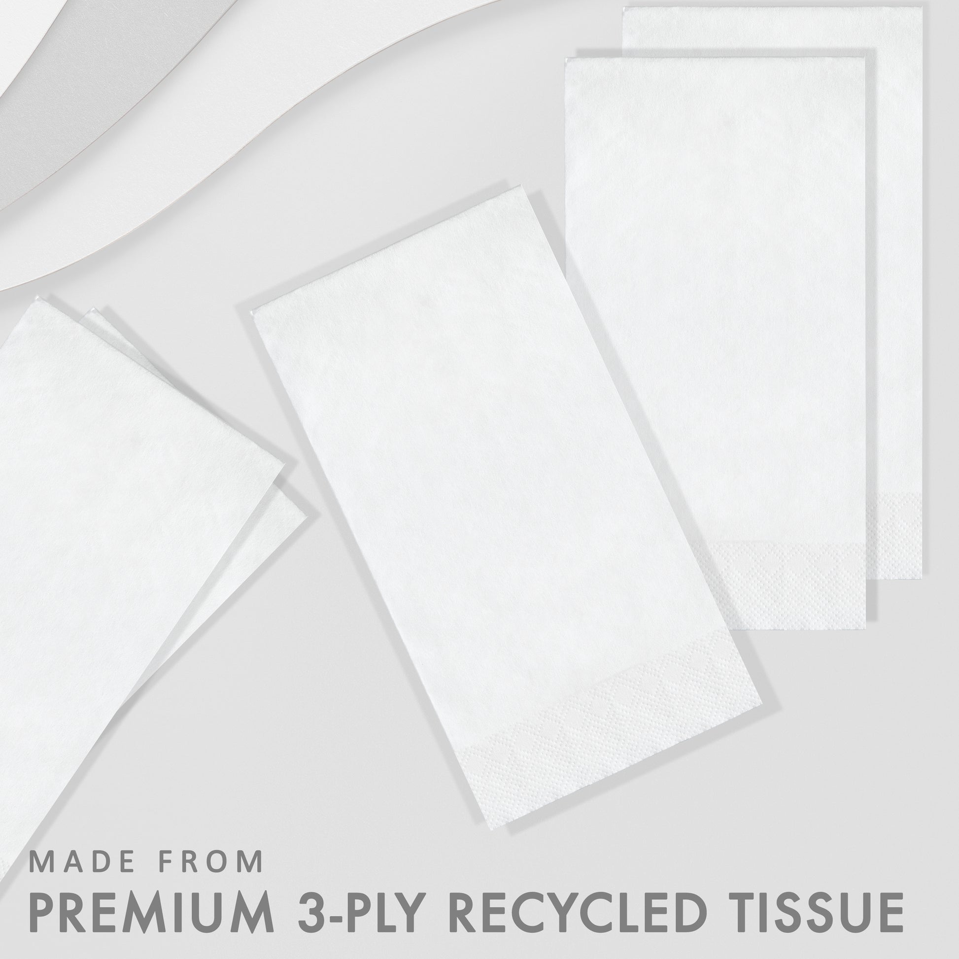 White recycled tissue paper napkins on a light gray background with text 'Made from Premium 3-Ply Recycled Tissue'.