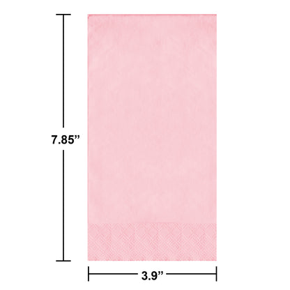 Pink dinner napkin with dimensions labeled on a white background
