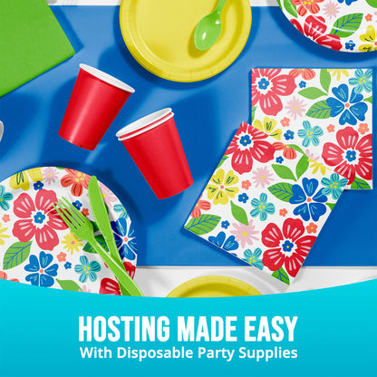 Disposable party supplies including red cups, floral plates, and napkins on a blue surface with text 'Hosting Made Easy with Disposable Party Supplies'.