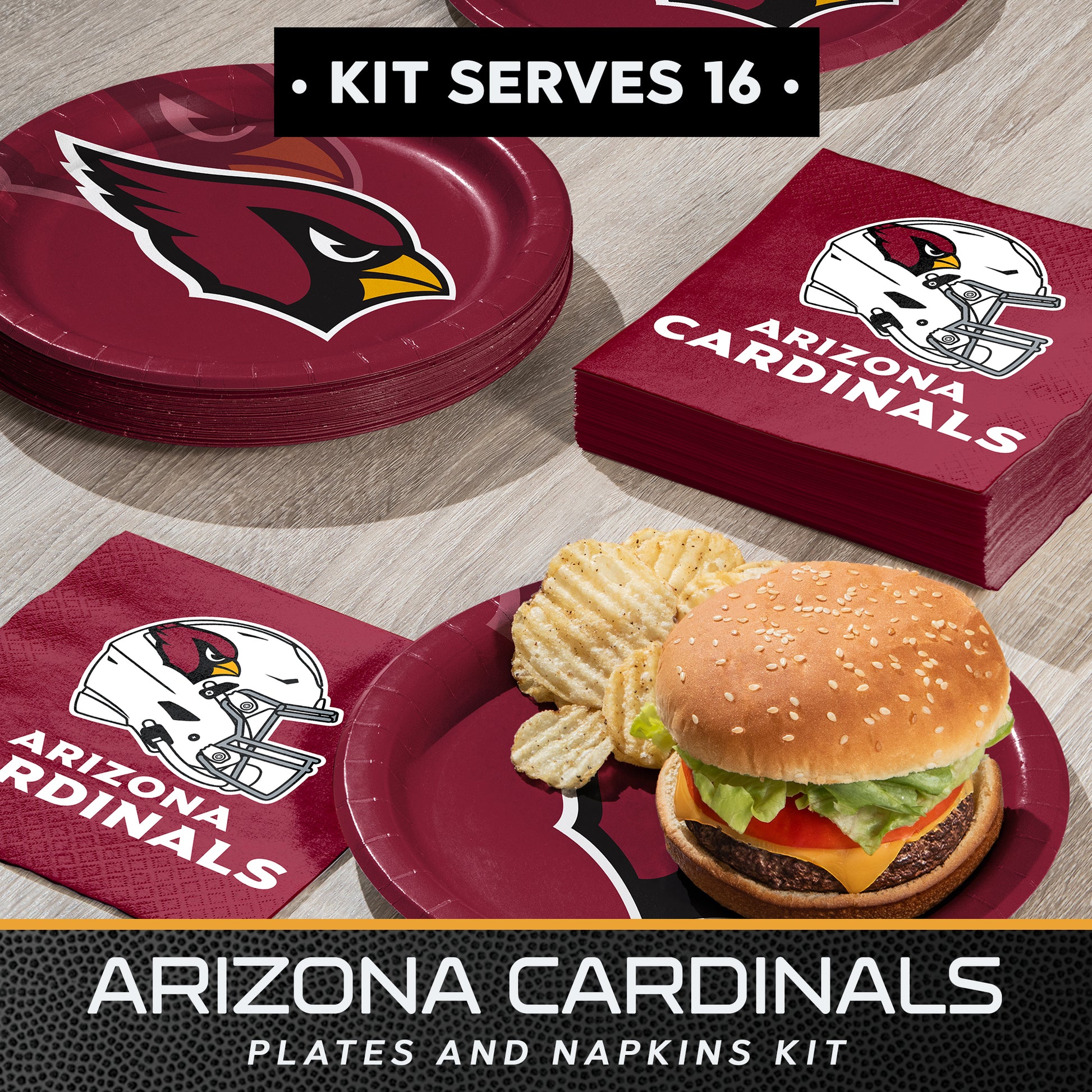 Arizona Cardinals plates and napkins kit with a burger and chips on a wooden surface.