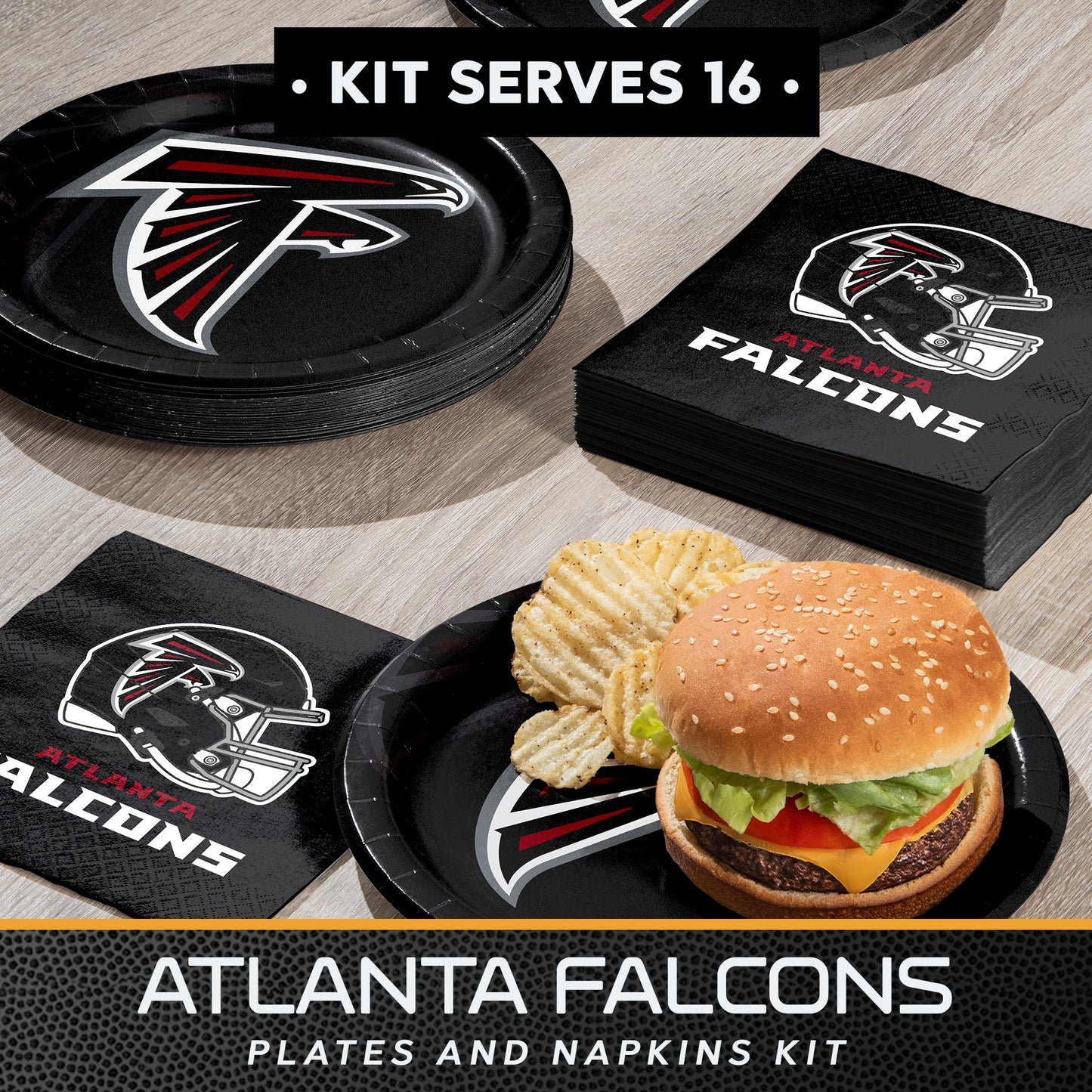 Atlanta Falcons plates, napkins, and a burger on a wooden surface with branding.