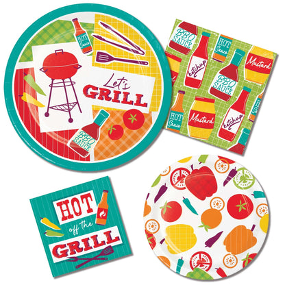 Colorful party supplies with grill-themed designs on plates and napkins.