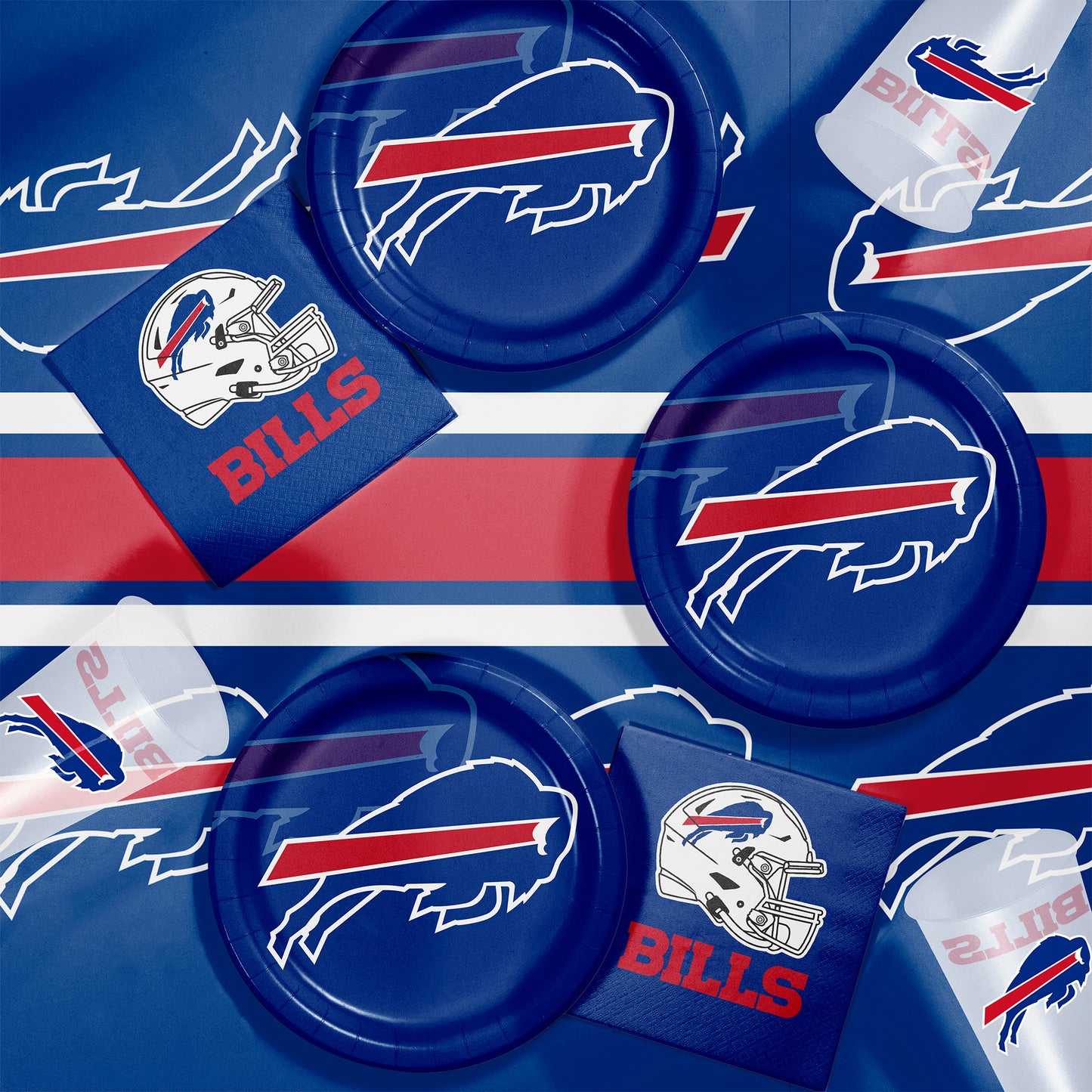 Buffalo Bills-themed party supplies including plates, cups, and napkins on a blue background.