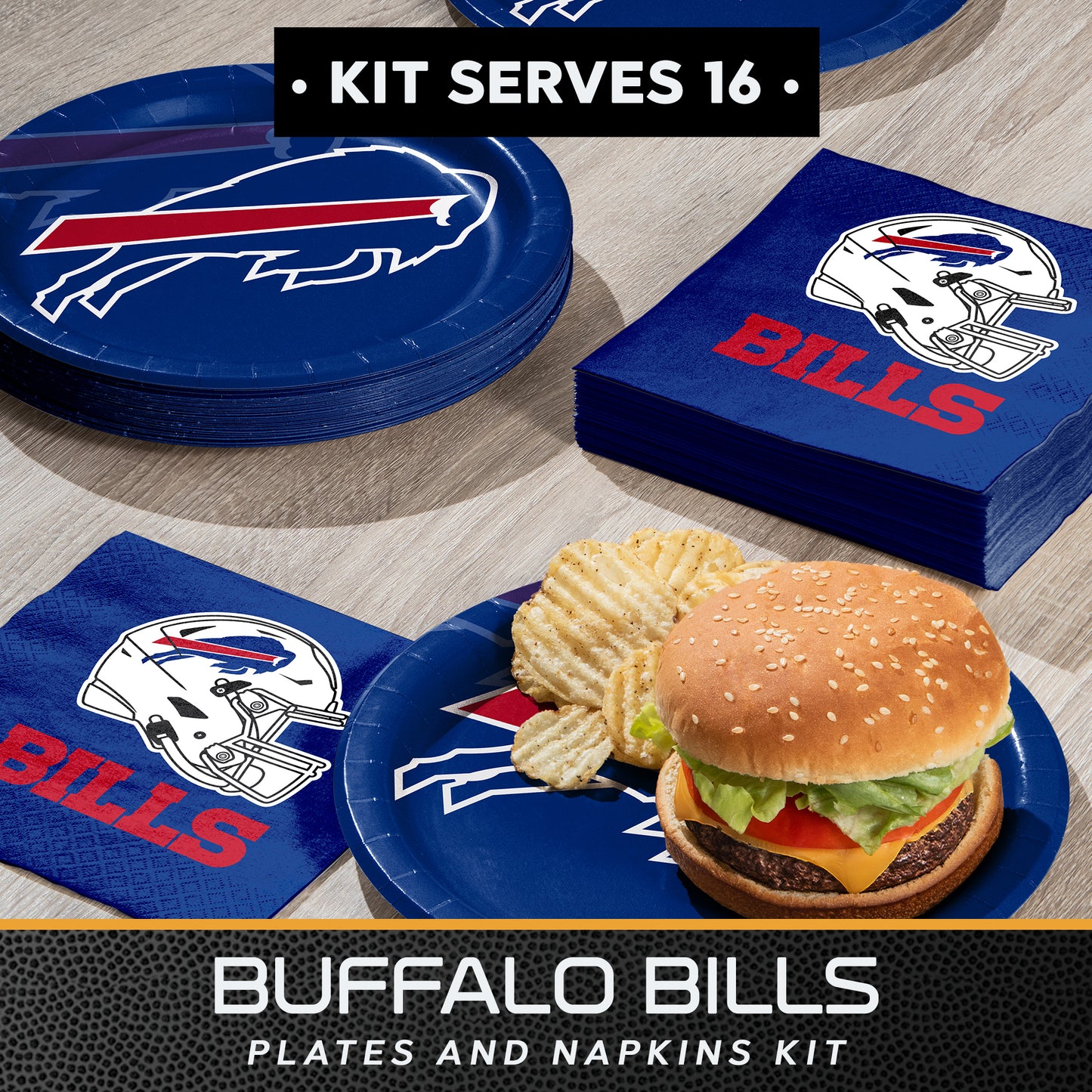 Buffalo Bills plates and napkins kit with a burger and chips on a plate.