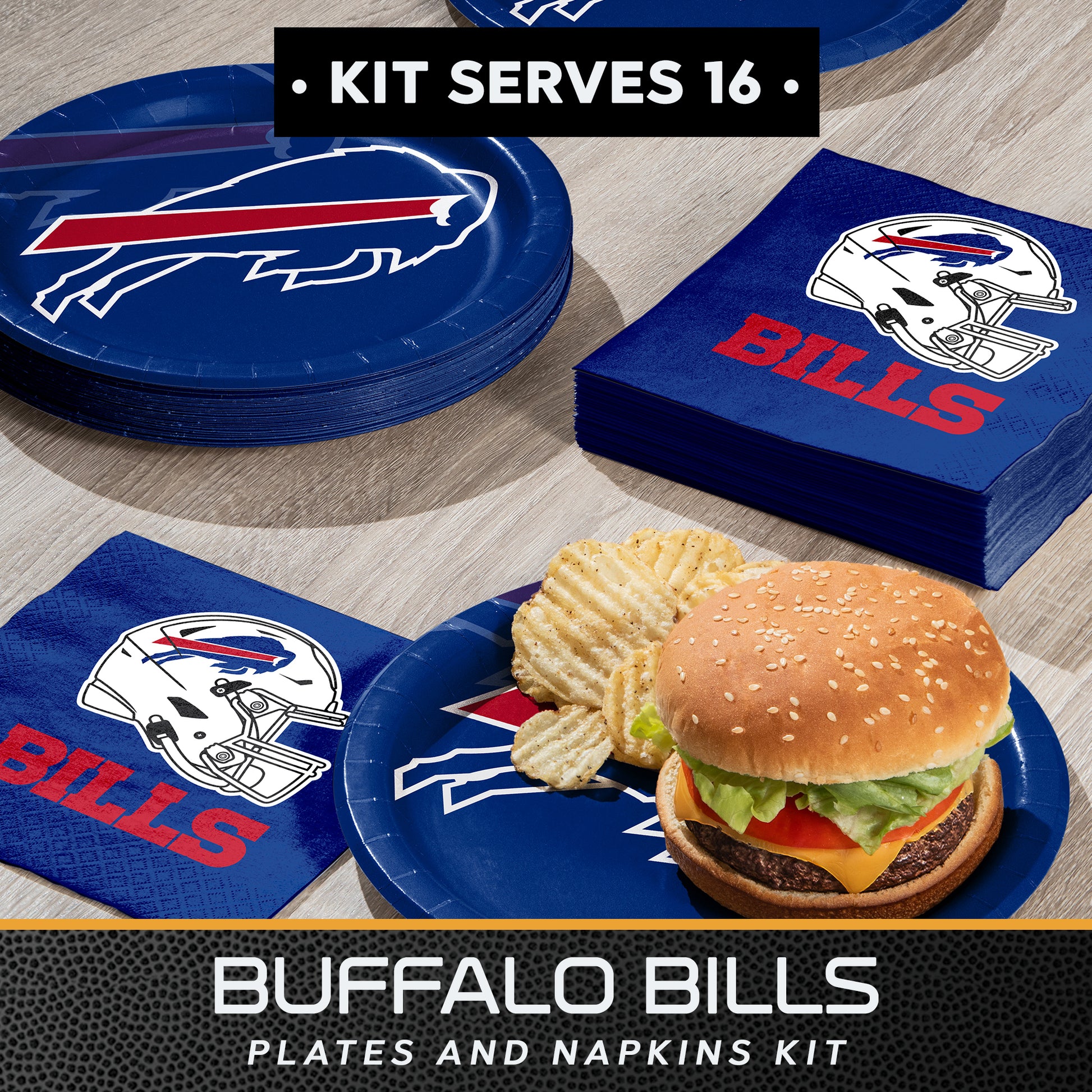 Buffalo Bills plates and napkins kit with a burger and chips on a plate.