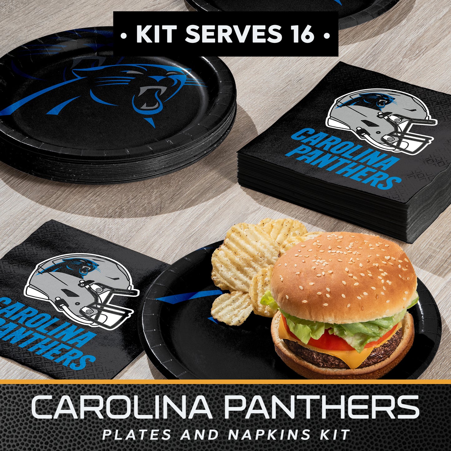 Round paper dinner plate and napkins with the Carolina Panthers logo displayed on a wood table with food