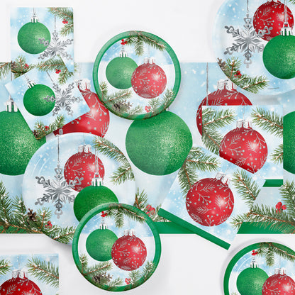 Pattern of Christmas ornaments, snowflakes, and greenery on a blue background