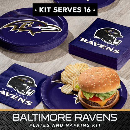 Baltimore Ravens plates and napkins kit with a burger and chips on a plate.