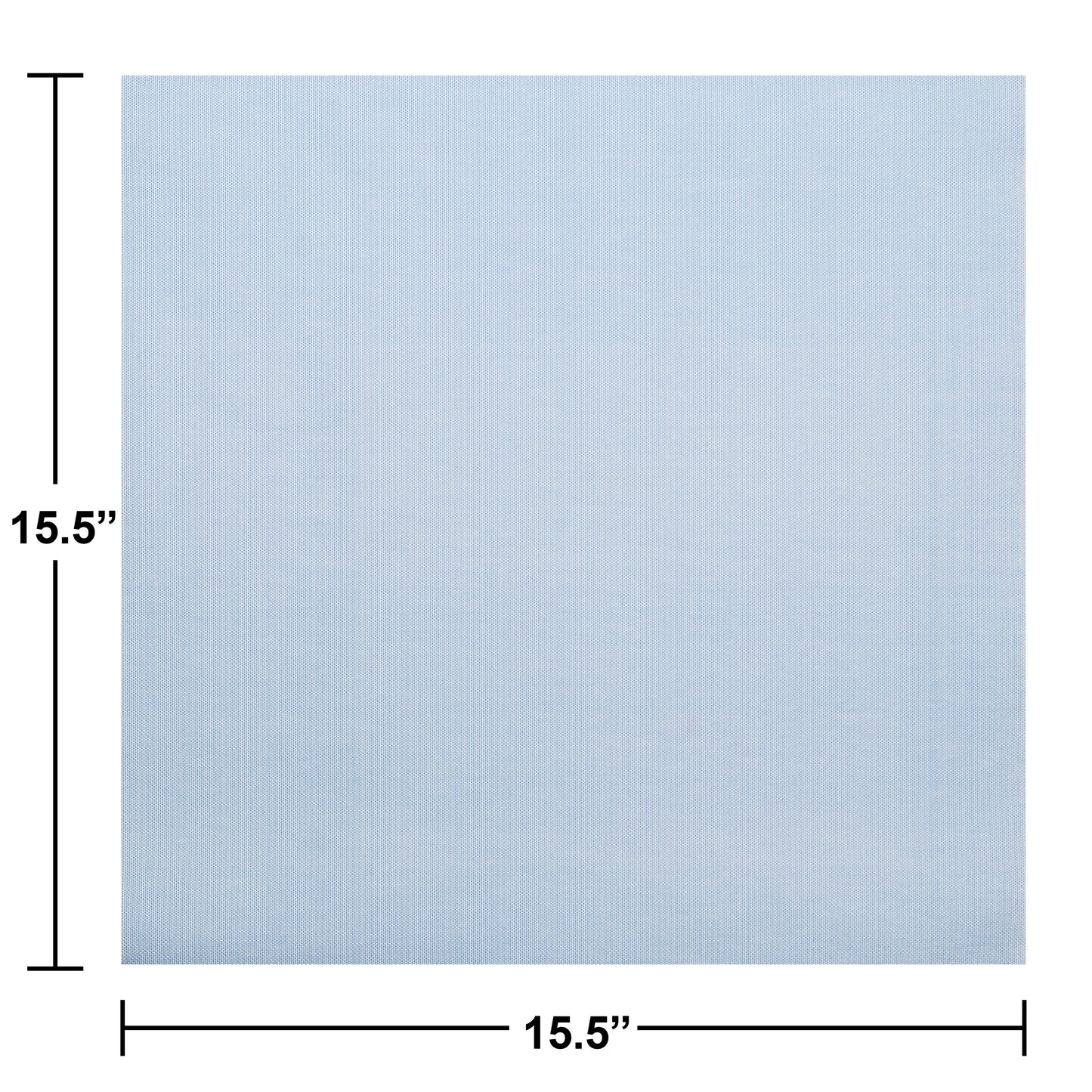 Light blue napkin with dimensions 15.5 inches on each side