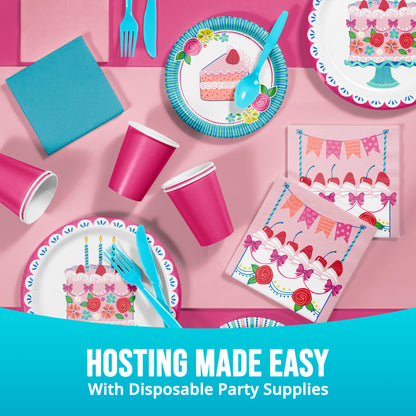 Disposable party supplies including plates, cups, and napkins with a pink background and text 'Hosting Made Easy with Disposable Party Supplies'.