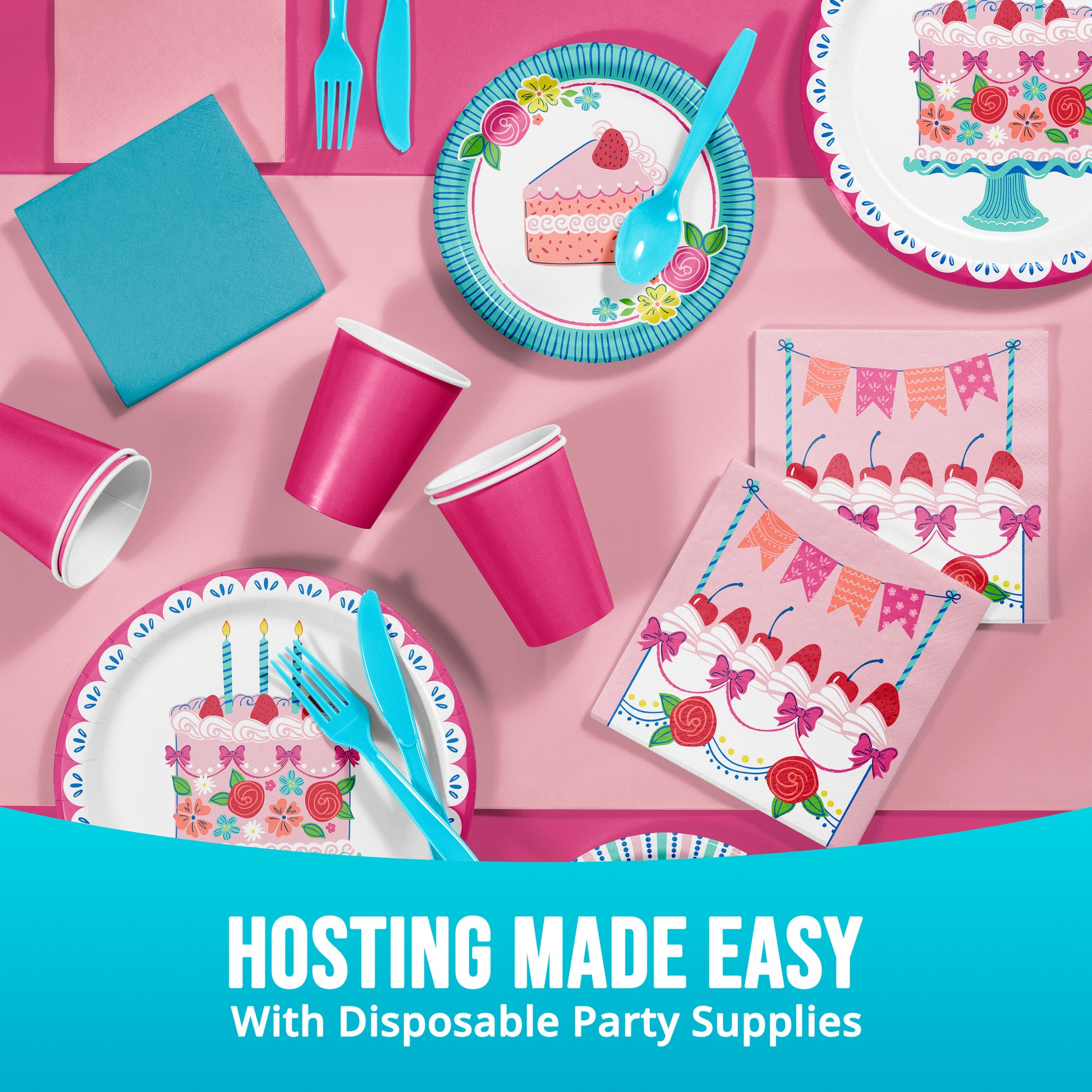 Disposable party supplies including plates, cups, and napkins with a pink background and text 'Hosting Made Easy with Disposable Party Supplies'.
