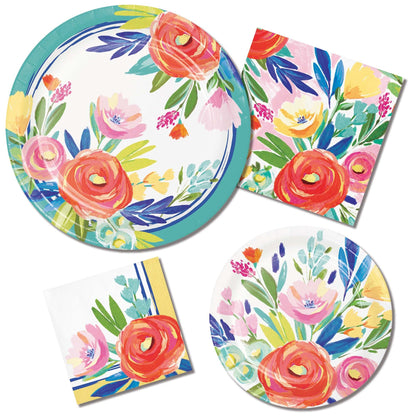 Set of floral plates and napkins with colorful flowers on a white background
