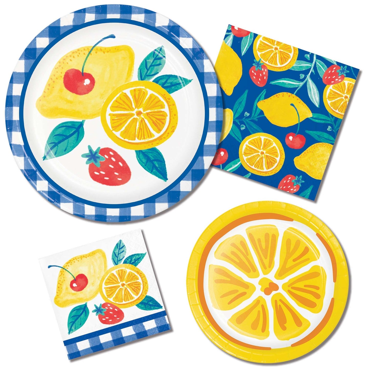 Fruit-themed paper plates and napkins with lemons, strawberries, and cherries on a white background.