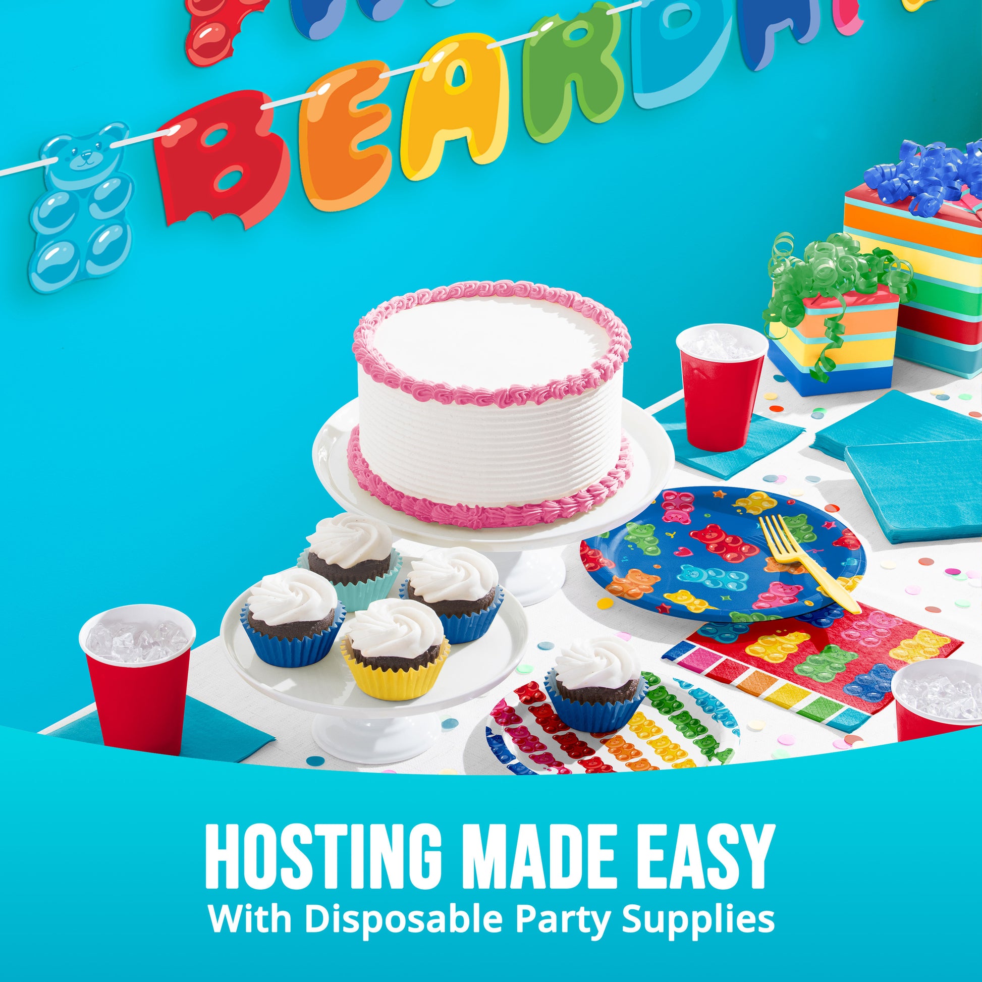 Birthday party setup with cake, cupcakes, and decorations against a blue background with "Hosting Made Easy" text