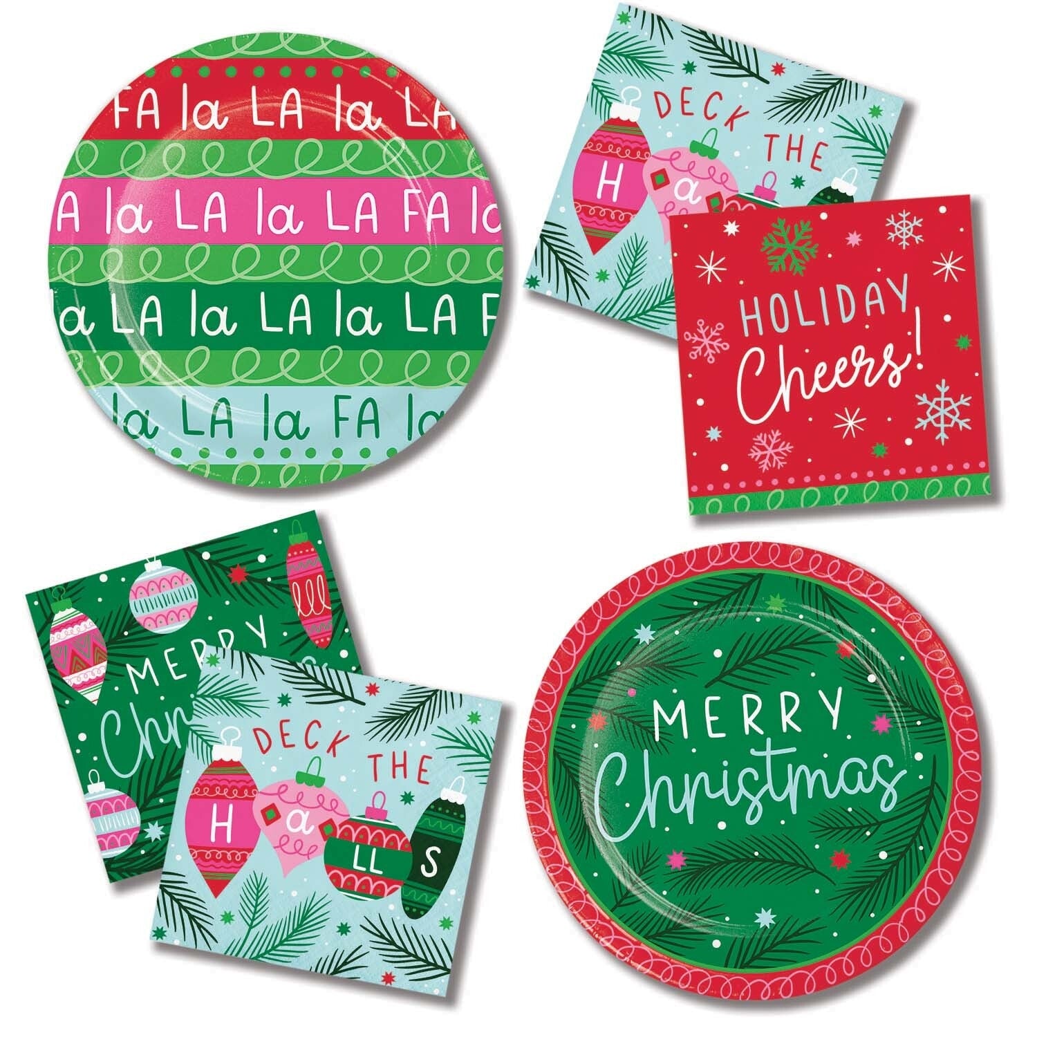 Holiday Frills Christmas Party Supplies. Set of Christmas-themed paper plates and paper napkins with festive designs.
