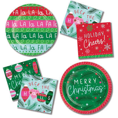 Holiday Frills Christmas Party Supplies. Set of Christmas-themed paper plates and paper napkins with festive designs.