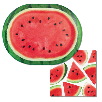 Watermelon-themed paper plate and napkin on a white background