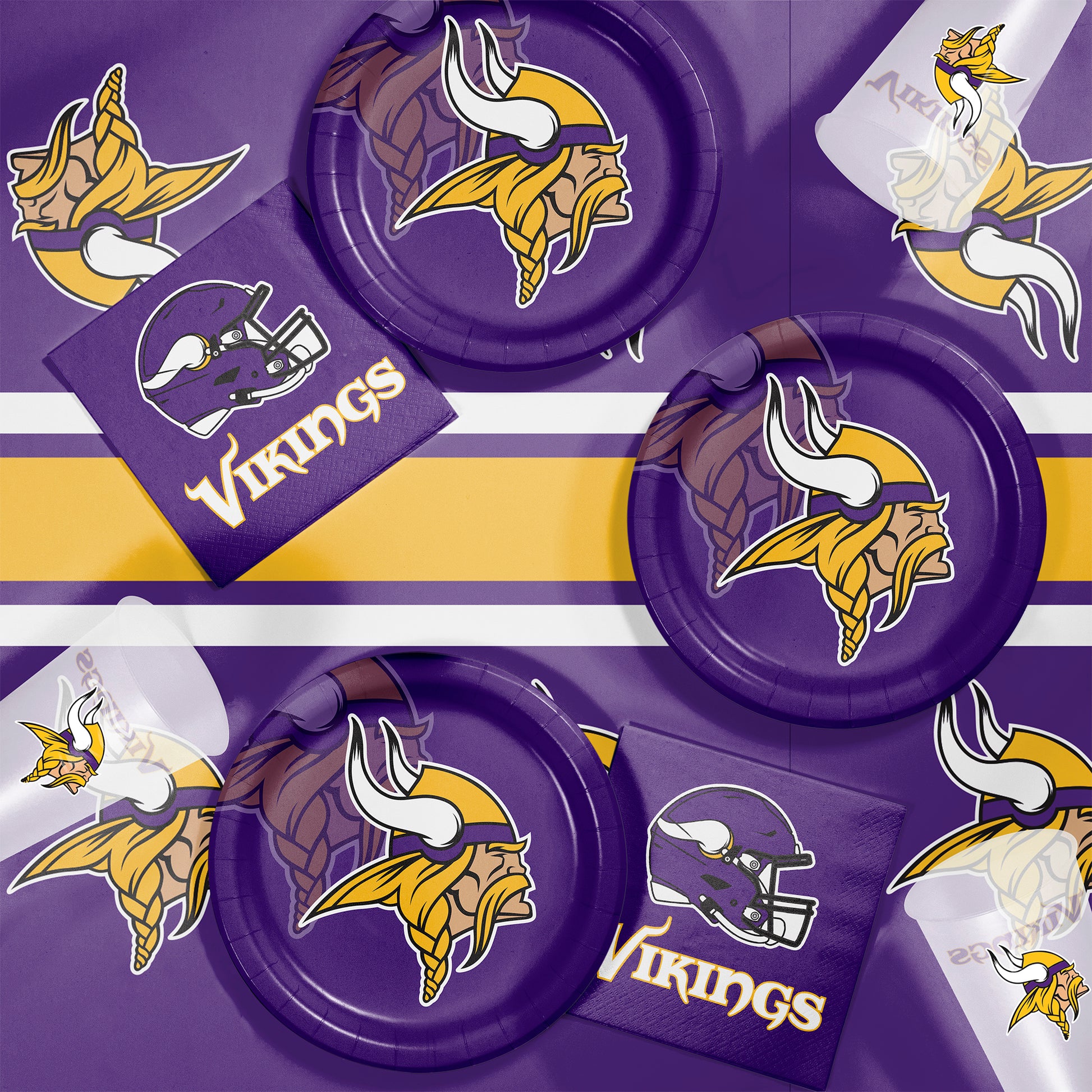 Minnesota Vikings plates, napkins and cups displayed on a matching tablecloth