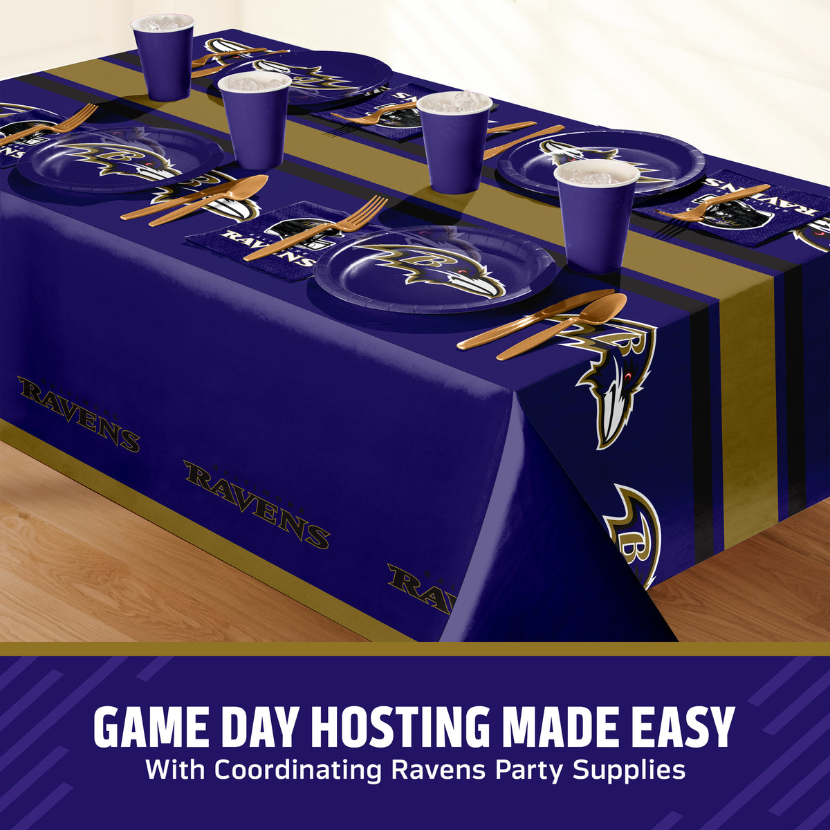 Baltimore Ravens tablescape including plates, napkins, and tablecloth along with gold cutlery and purple cups. Banner along the bottom with "Game Day Hosting Made Easy" text.