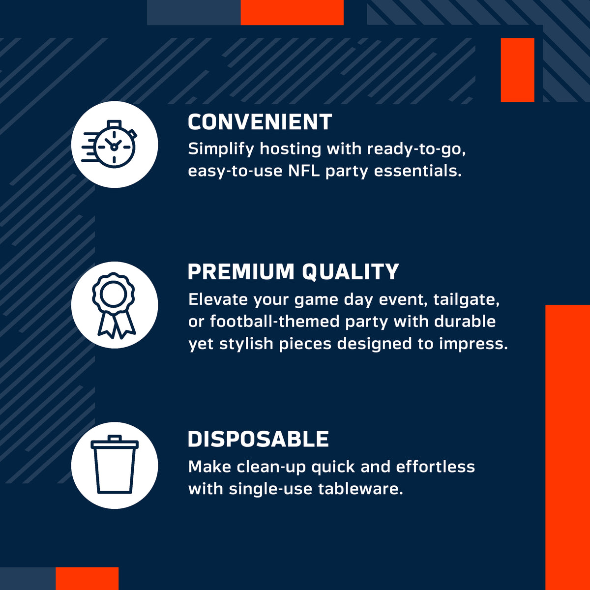 A dark blue promotional graphic with three feature callouts: Convenient, Premium Quality, and Disposable, each with a white icon and white text on a navy background with orange accent blocks.