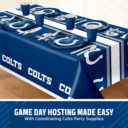 Indianapolis Colts themed party table setting with a printed tablecloth, matching plates, cups, and utensils, shown on a table with a promotional banner at the bottom that says "Game Day Hosting Made Easy".