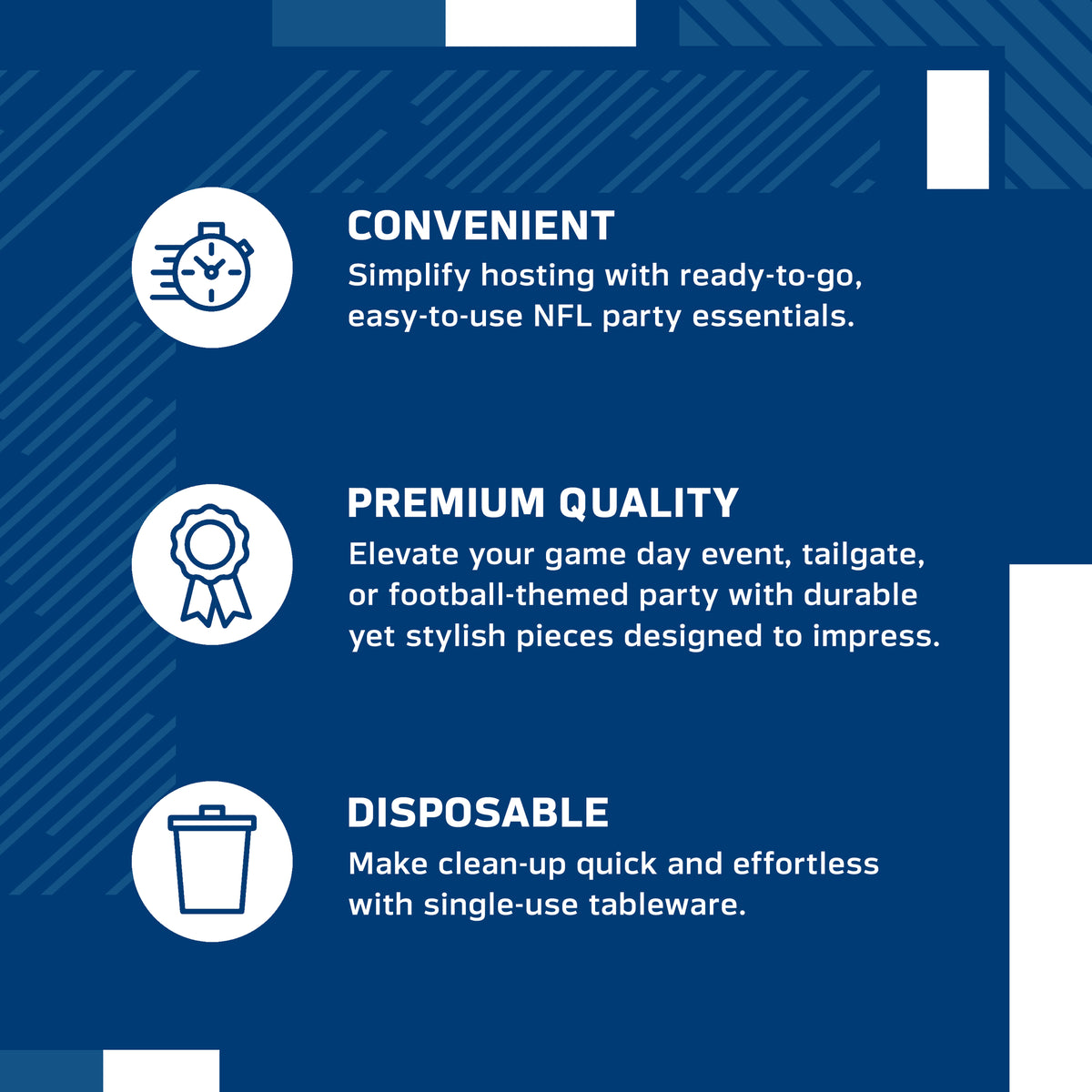 An infographic-style promotional graphic on a blue background with white text and icons. It reads: 'CONVENIENT' with a speed clock icon, 'PREMIUM QUALITY' with a ribbon icon, and 'DISPOSABLE' with a trash can icon.