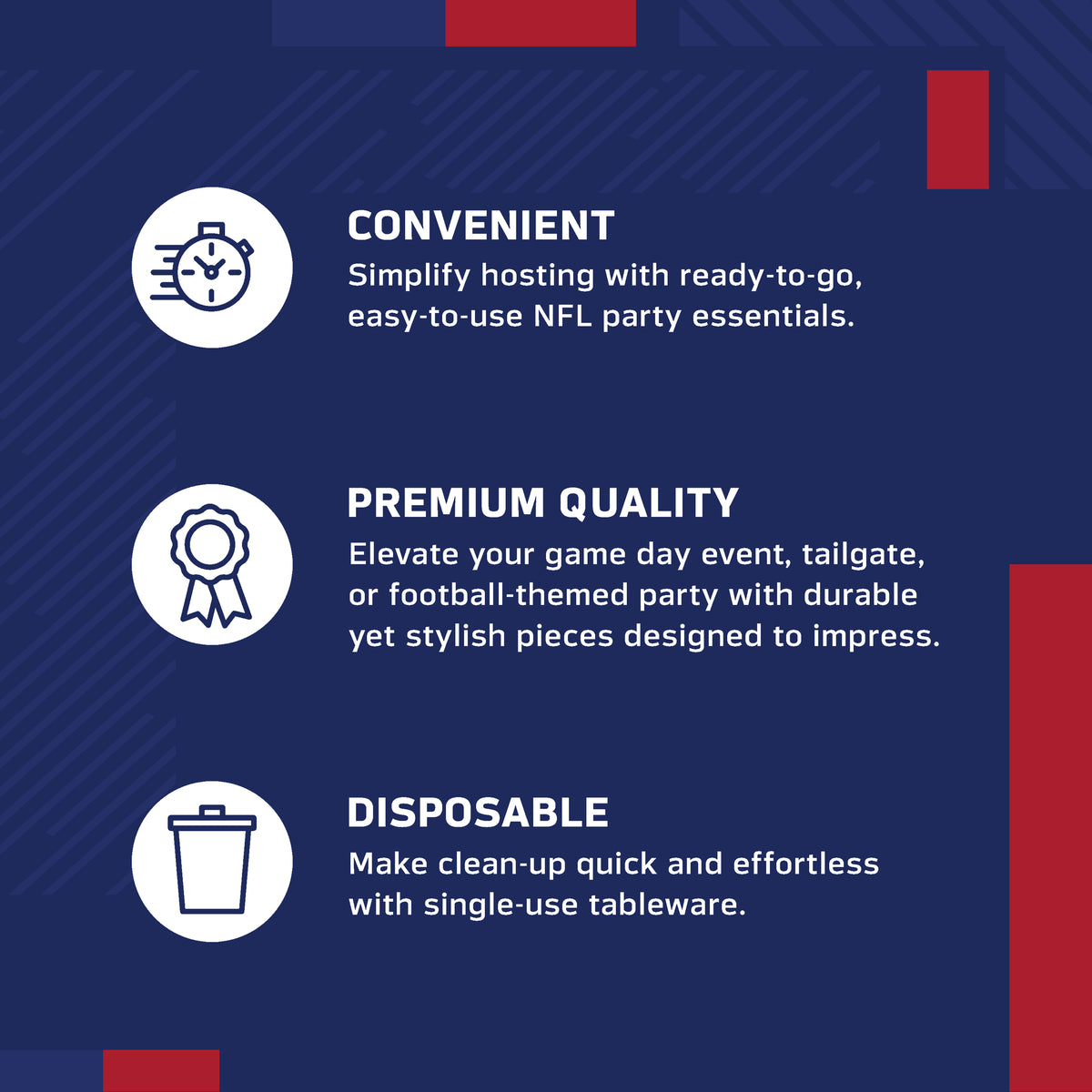 An infographic-style promotional graphic on a blue background with white text and icons. It reads: 'CONVENIENT' with a speed clock icon, 'PREMIUM QUALITY' with a ribbon icon, and 'DISPOSABLE' with a trash can icon.