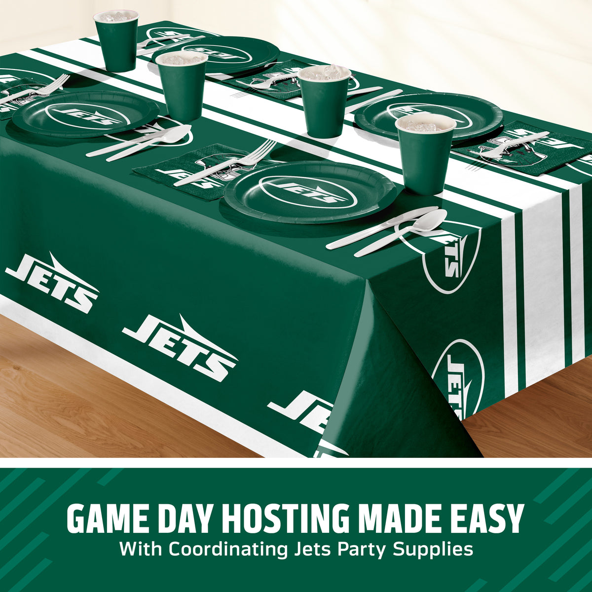 New York Jets themed party table setting with a printed tablecloth, matching plates, cups, and utensils, shown on a table with a promotional banner at the bottom that says "Game Day Hosting Made Easy".
