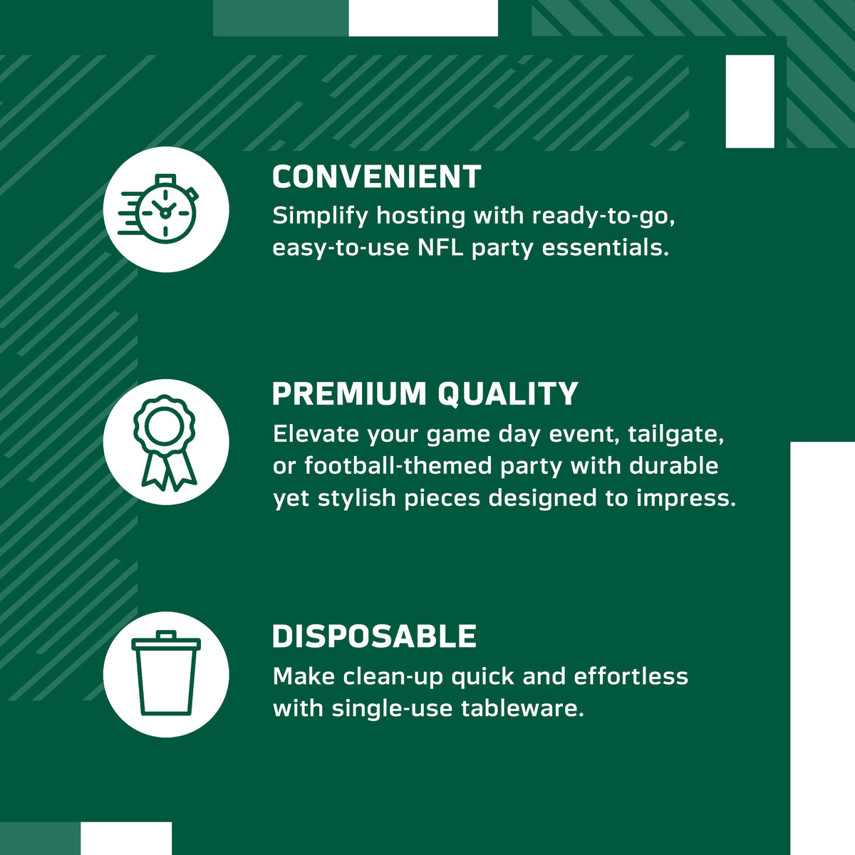 An infographic-style promotional graphic on a green background with white text and icons. It reads: 'CONVENIENT' with a speed clock icon, 'PREMIUM QUALITY' with a ribbon icon, and 'DISPOSABLE' with a trash can icon.