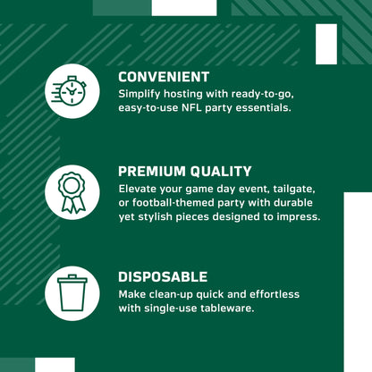 An infographic-style promotional graphic on a green background with white text and icons. It reads: 'CONVENIENT' with a speed clock icon, 'PREMIUM QUALITY' with a ribbon icon, and 'DISPOSABLE' with a trash can icon.