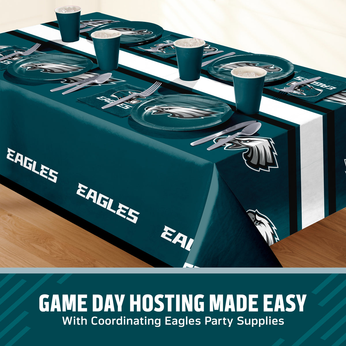Philadelphia Eagles themed party table setting with a printed tablecloth, matching plates, cups, and utensils, shown on a table with a promotional banner at the bottom that says "Game Day Hosting Made Easy".