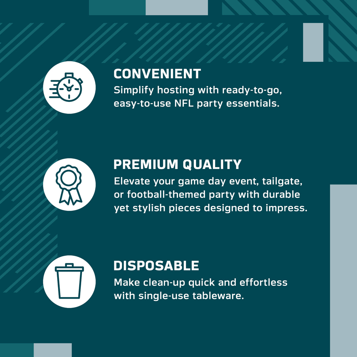An infographic-style promotional graphic on a teal background with white text and icons. It reads: 'CONVENIENT' with a speed clock icon, 'PREMIUM QUALITY' with a ribbon icon, and 'DISPOSABLE' with a trash can icon.