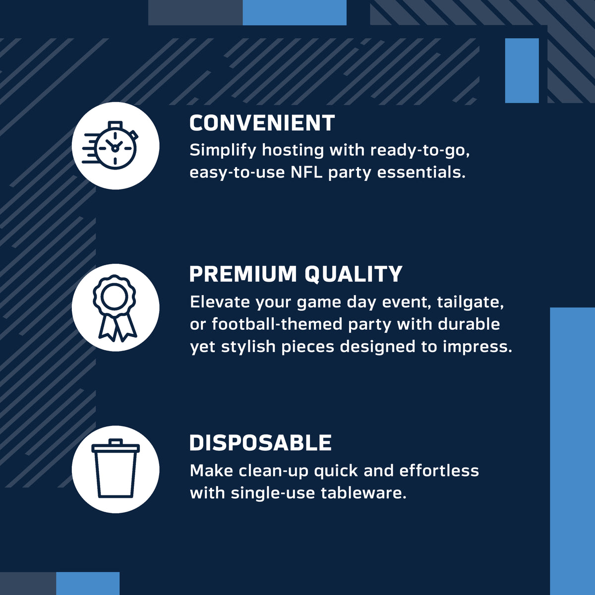 An infographic-style promotional graphic on a navy blue background with white text and icons. It reads: 'CONVENIENT' with a speed clock icon, 'PREMIUM QUALITY' with a ribbon icon, and 'DISPOSABLE' with a trash can icon.