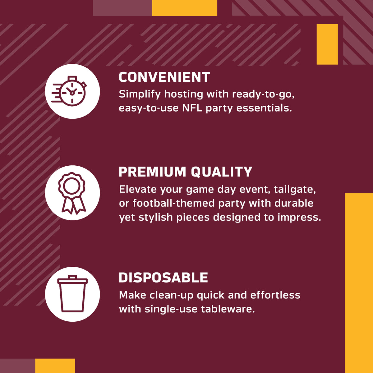 An infographic-style promotional graphic on a burgundy red background with white text and icons. It reads: 'CONVENIENT' with a speed clock icon, 'PREMIUM QUALITY' with a ribbon icon, and 'DISPOSABLE' with a trash can icon.