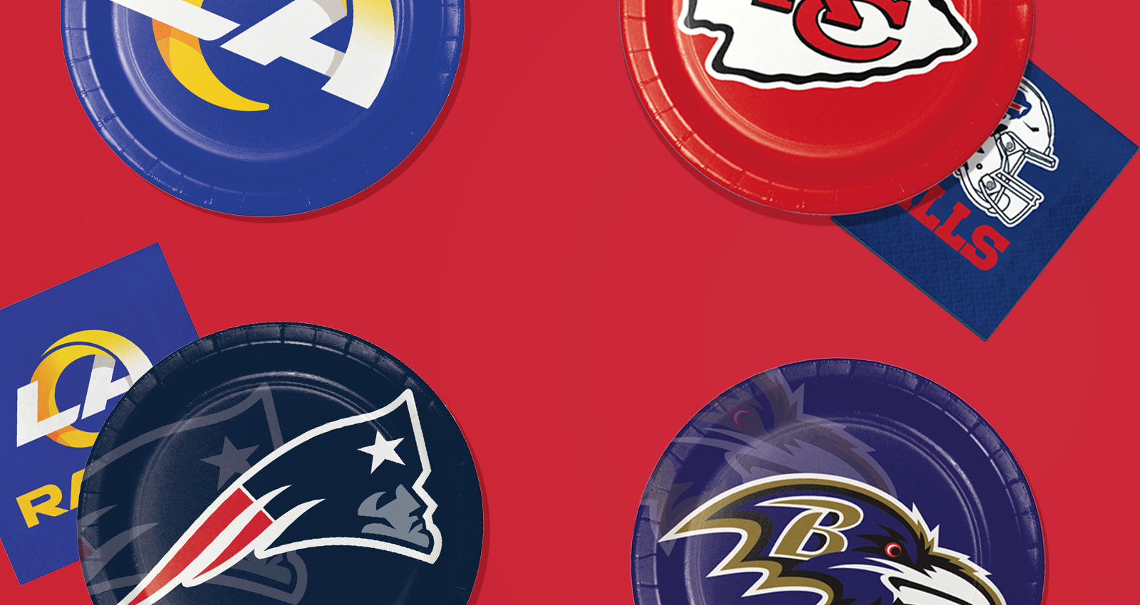 A set of NFL team-themed paper plates and napkins featuring the logos of the Kansas City Chiefs, Los Angeles Rams, New England Patriots, Baltimore Ravens, and Cincinnati Bengals on a solid red background.