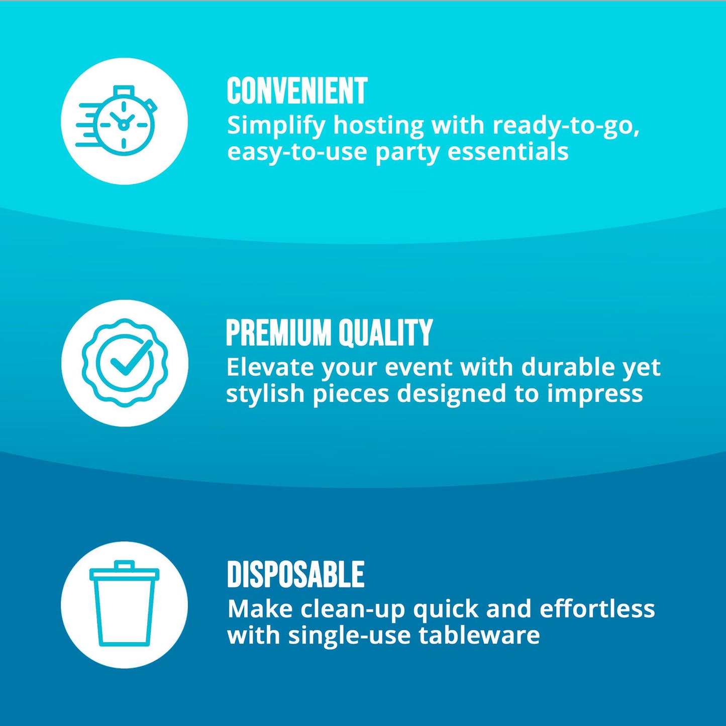 Three key points about party supplies including convenience, premium quality, and disposable on a blue background with icons and text.