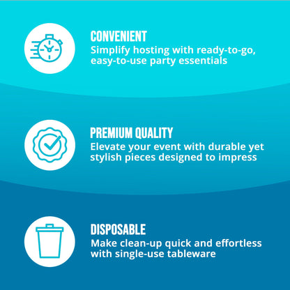 Three key points about party supplies including convenience, premium quality, and disposable on a blue background with icons and text.