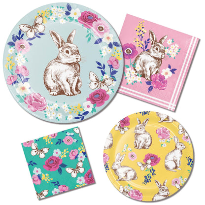 Set of plates and napkins with rabbit and floral design on a white background